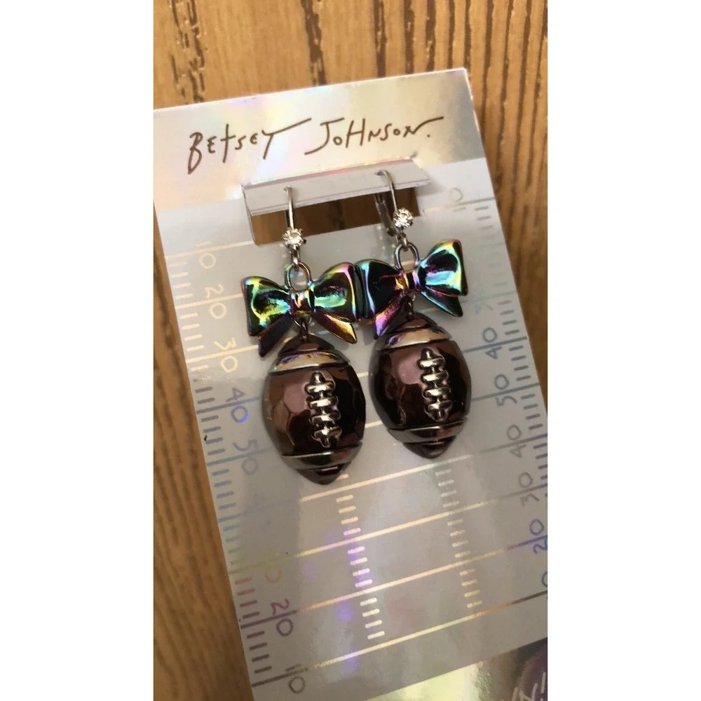 Betsey Johnson Touch Down Iridescent Bow & Brown Metallic Football Drop Earrings